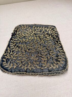 Vintage Hong Kong Victorian Style Black and Gold Beaded Clutch Formal Evening